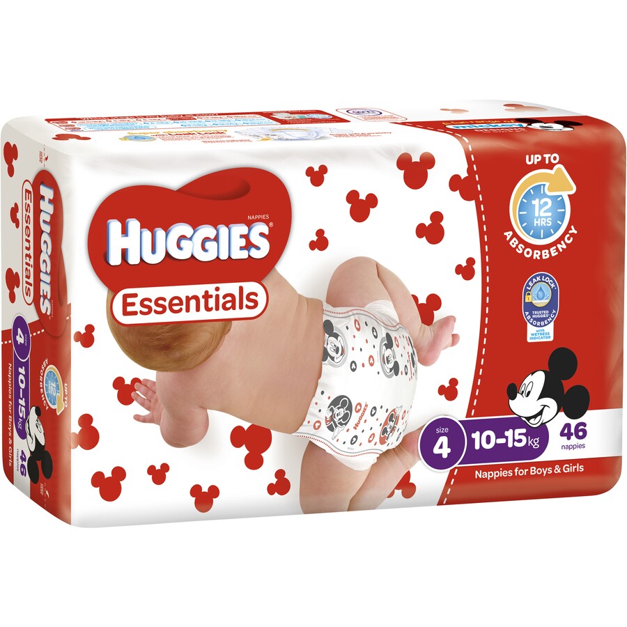 Huggies Essentials Nappy Size 4 Toddler 10-15kg 46pk