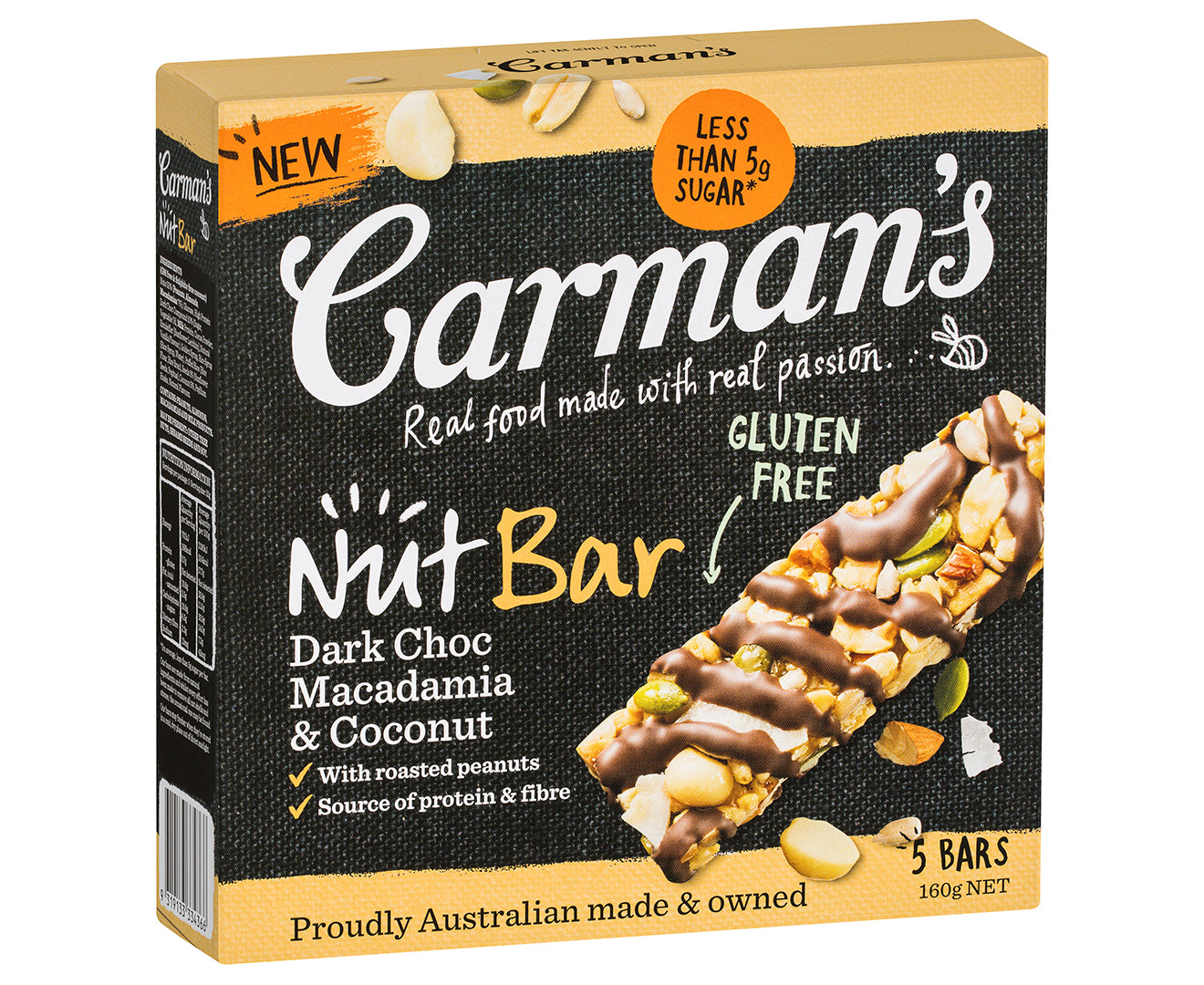 Carmans GF Nut Bar Dark Choc Macadamia & Coconut 160g 5pk