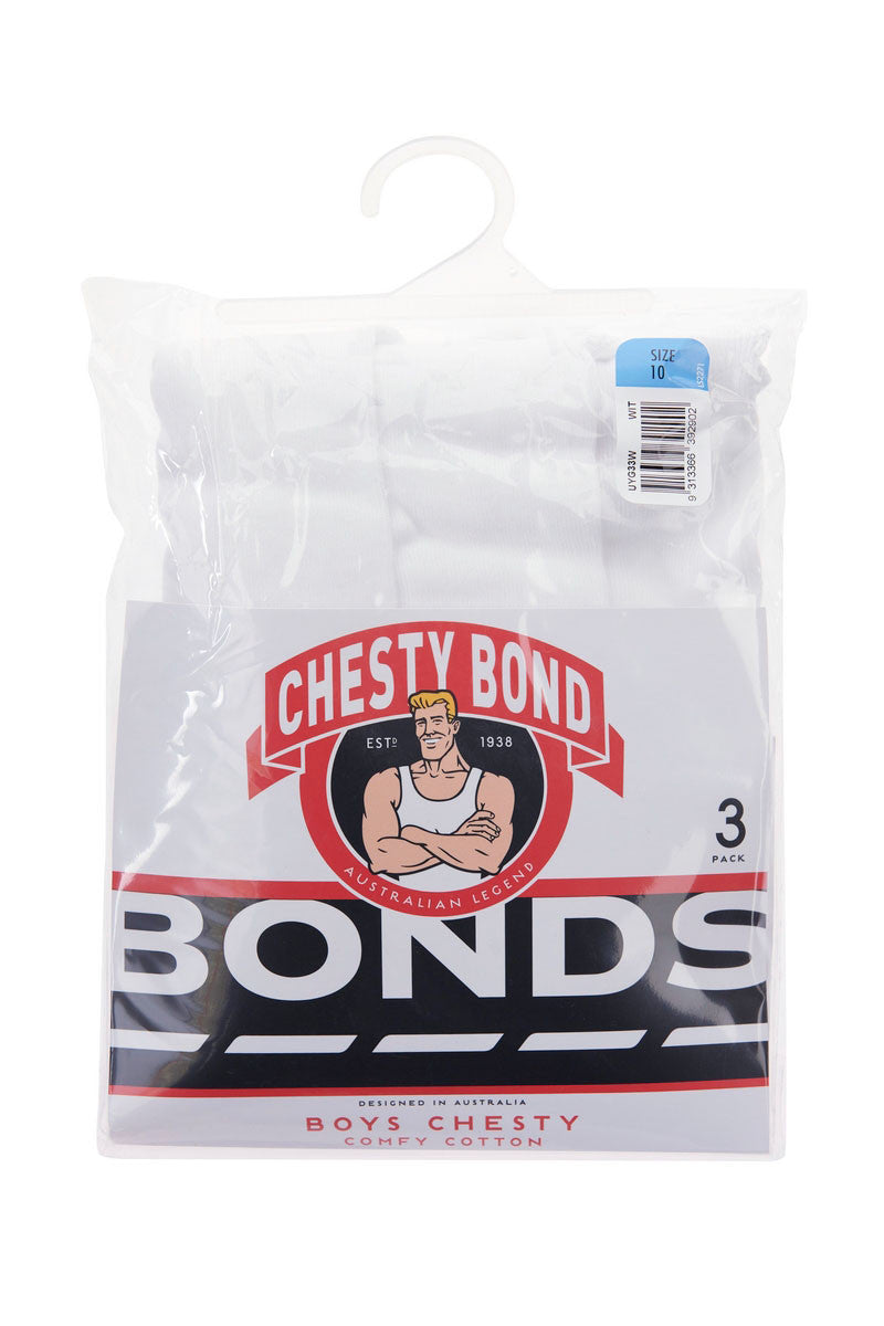 Bonds Boys Chesty Cotton Singlet White 3pk