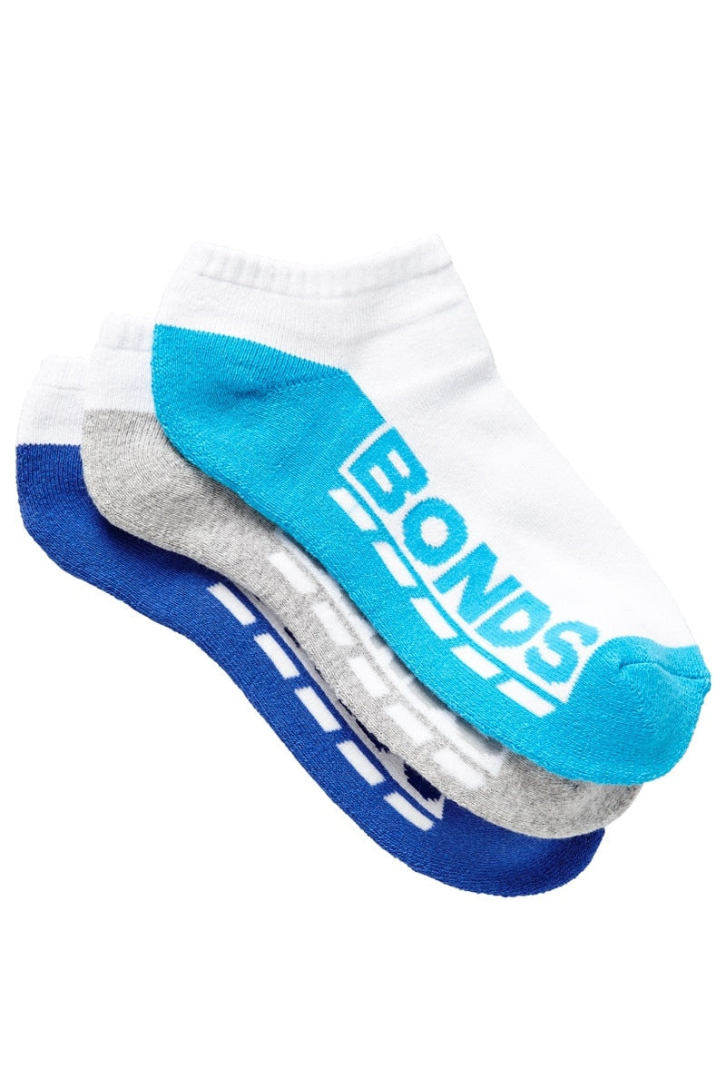 Bonds Childrens Logo Low Cut Socks Blue/Grey 13K 3pk