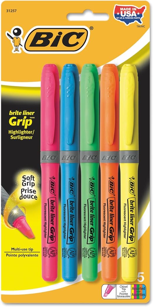 Bic Briteliner Grip Highighter Assorted 5pk