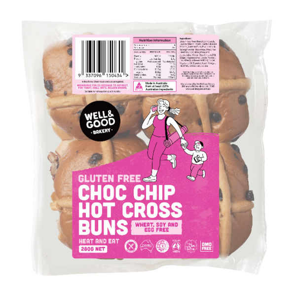 Well & Good Choc Chip Hot Cross Bun GF 4pk