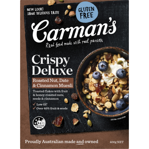 Carmans Deluxe Muesli Crispy Deluxe Nut Date & Cinnamon GF 400g